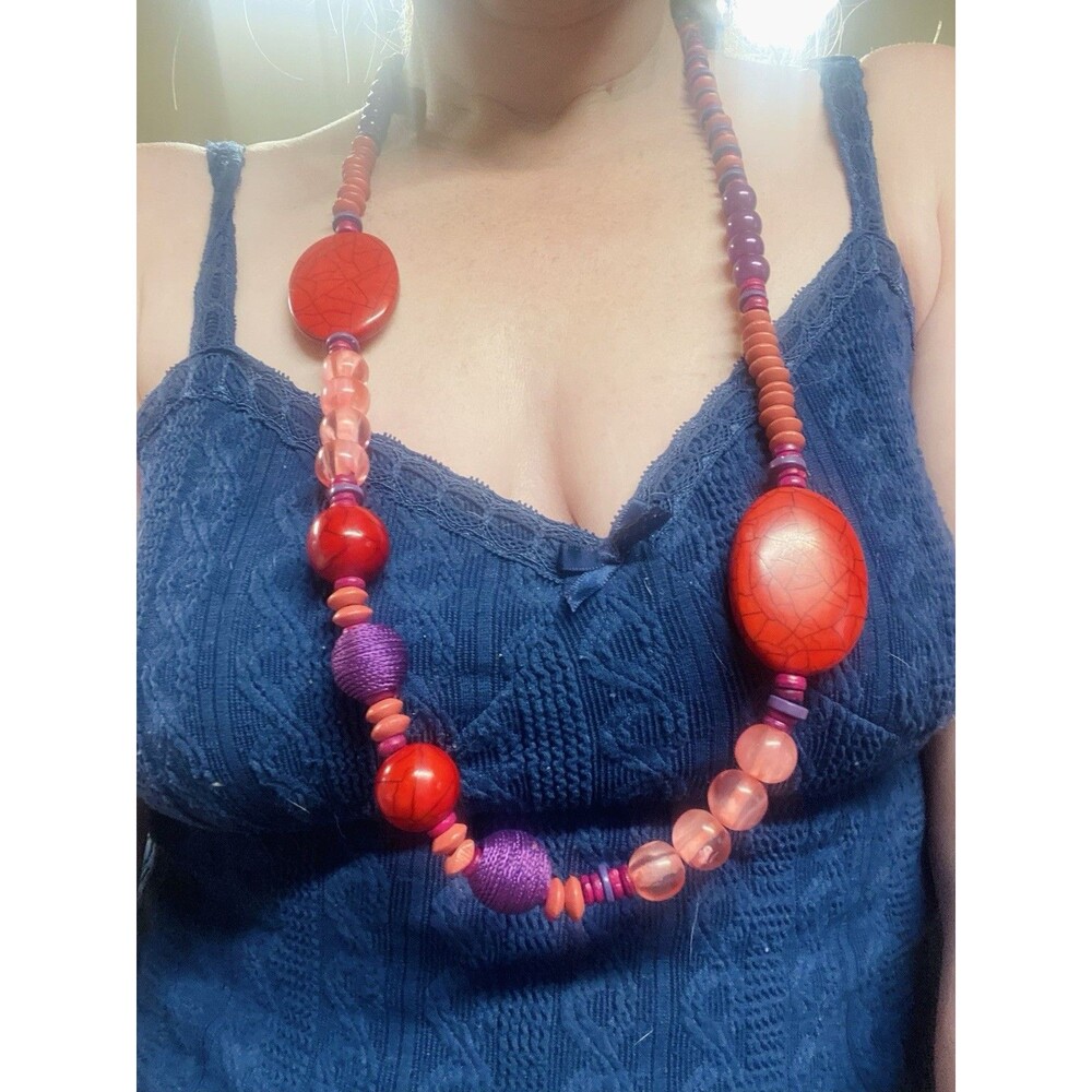 Chicos Chunky Statement Necklace Red Purple Wood Fabric Beads Artsy Funky